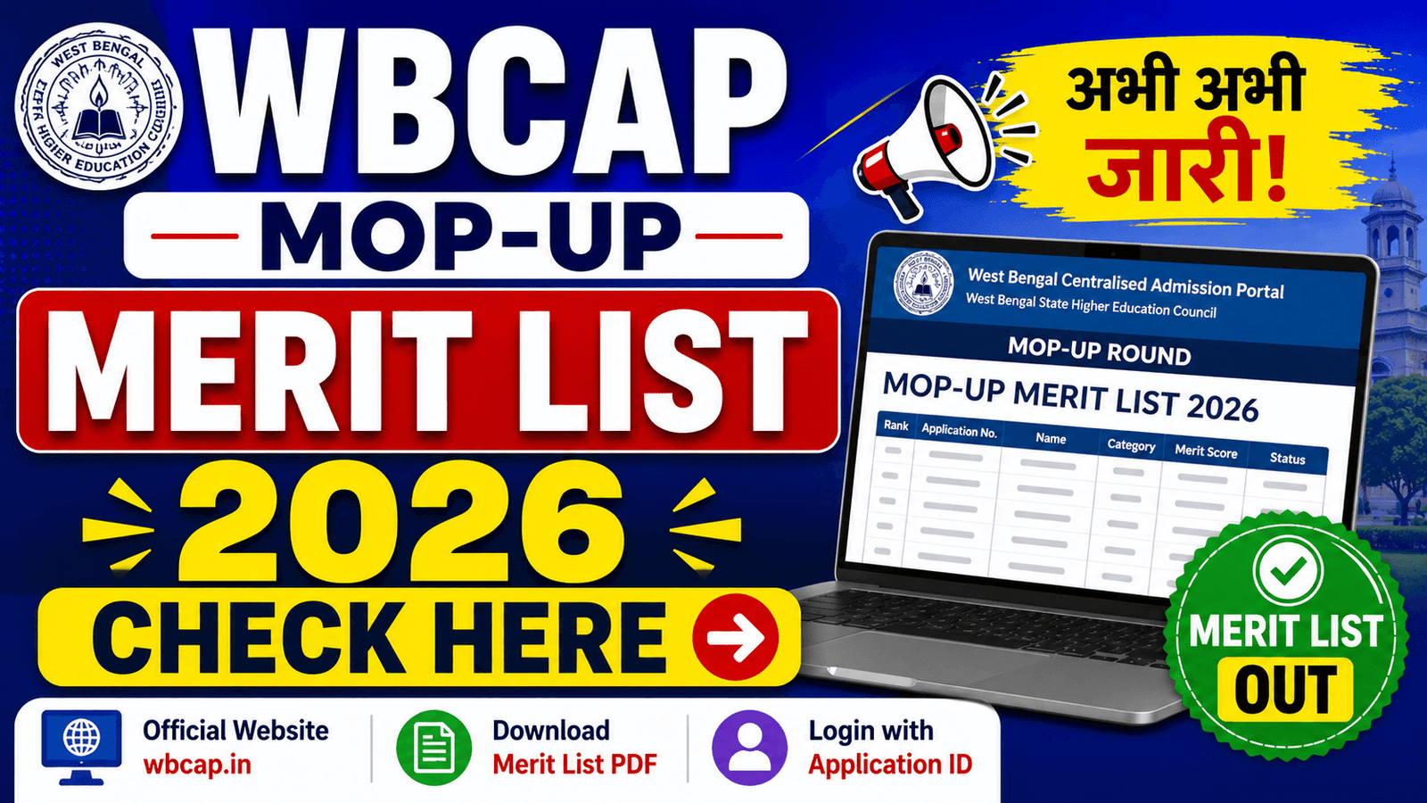 WBCAP MOP-UP Merit List 2026 Check Here